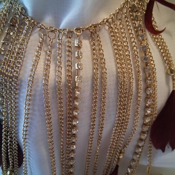 NWOTD Natasha Chains, Rhinestone and Feathers Goldtone Statement Necklace - Picture 3 of 5